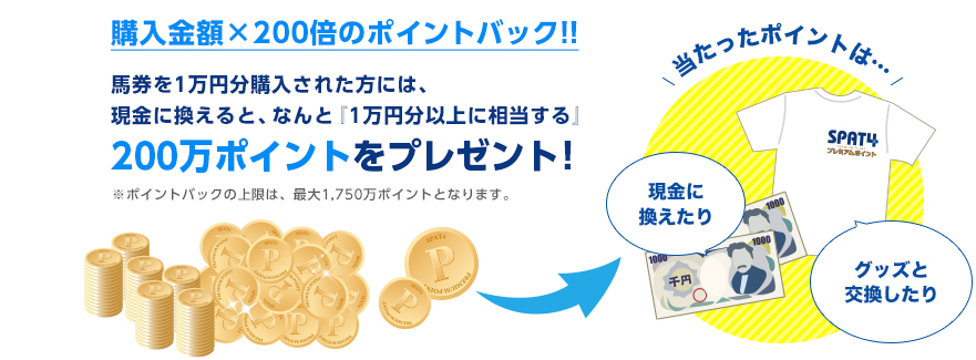 購入金額×200倍のポイントバック!!馬券を1万円分購入された方には、現金に換えると、なんと『1万円相当』になる200万ポイントをプレゼント！